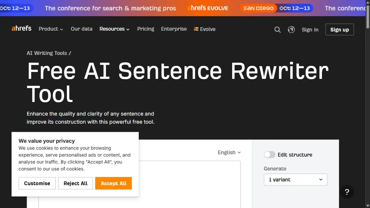 Ahrefs AI Sentence Rewriter Tool 1