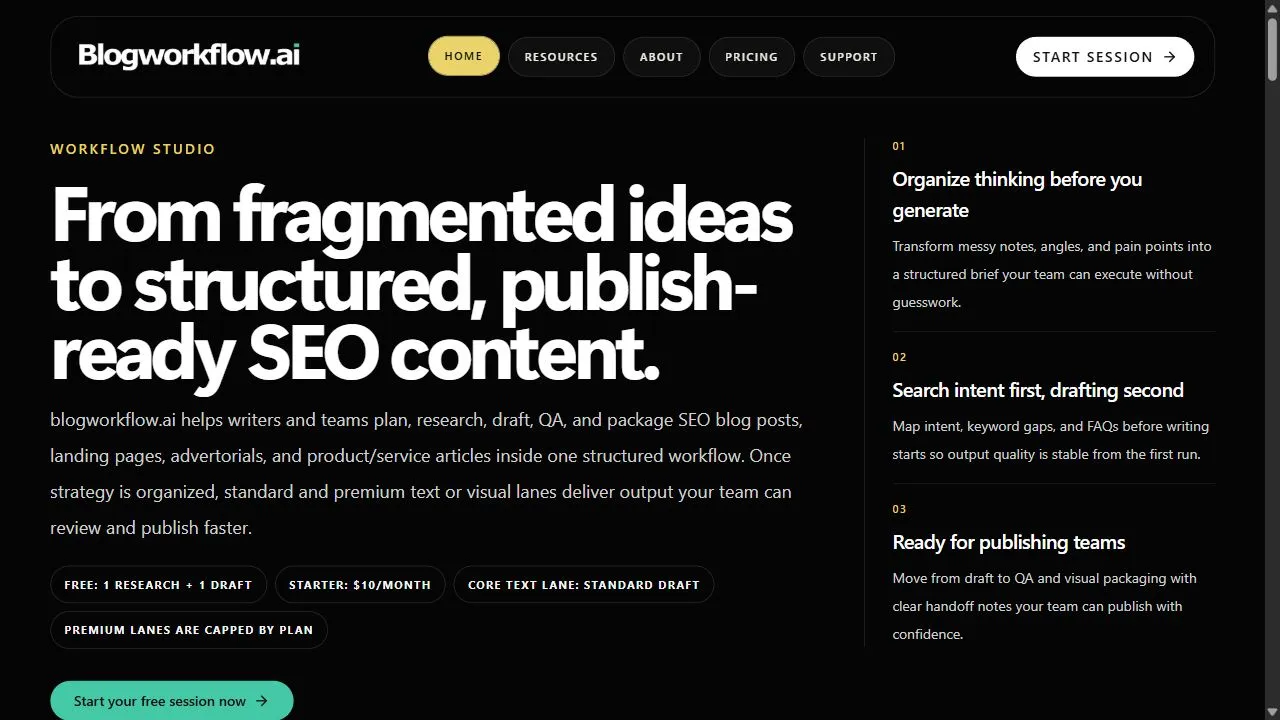 BlogWorkflow AI | Opus 4.6 GPT 5.4 GPT Image 2.0 Supported | Structured SEO Workflow for Individual and Professional 1